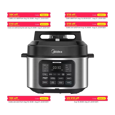 Afbeelding van Midea snelkookpan, 9 in 1, multikoker met 12 functies, 6 l rijstkoker, stoompan, yoghurtmaker, slowcooker en sous vide, sauteuse, receptenboek, roestvrij staal