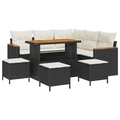 Afbeelding van vidaXL 9 delige Tuin Sofa Set met Kussens Zwart Poly Rattan Acacia, 4 Eet Acacia