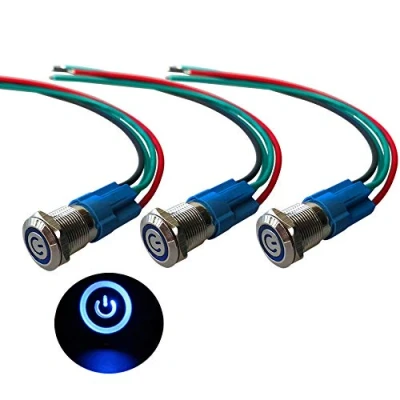 Afbeelding van QitinDasen 3 stuks premium 12 V/24 V A, zelfblokkerende drukknopschakelaar, mm, blauwe led schakelaar, waterdicht, IP66, met stekkerkabel