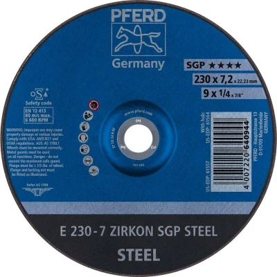 Afbeelding van PFERD 62223737 E 230 7 ZIRKON SGP STEEL Afbraamschijf gebogen Diameter mm Boordiameter 22.23 Staal 10 stuk(s)