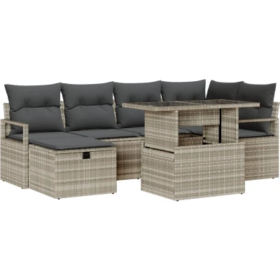 Afbeelding van vidaXL 7 Delige Tuin Sofa Set met Kussens Licht Grijs Poly Rattan, 2 Zits Rattan