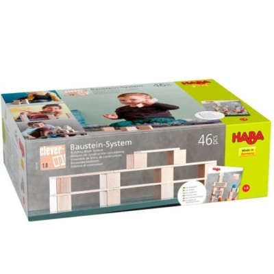 Afbeelding van HABA 306248 Building Block System Clever Up! 1.0 46 wooden pieces with educational booklet &amp; sturdy storage bag Ages 1 and Up (Made in Germany)