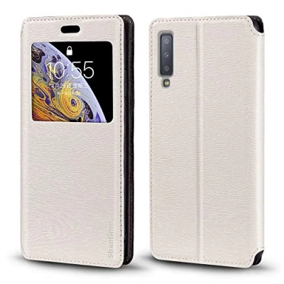 Afbeelding van Samsung Galaxy A7 2018 A750 hoesje, houtnerf lederen hoesje met kaarthouder en venster, magnetische flip cover voor (wit)