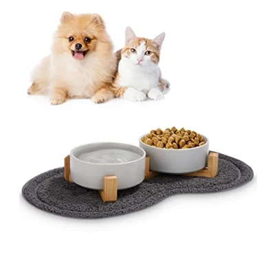 Afbeelding van JOFLVA Keramische voerbak voor honden en katten, dubbele met bamboestandaard antislip onderlegger (400 ml, 2 grijs)