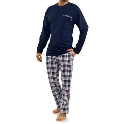 Afbeelding van sesto senso Herenpyjama, lange katoenen pyjama, mouwen, shirt, pyjamabroek met zak, Shirt donkerblauw; geruite broek, XXL