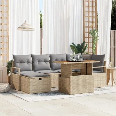 Afbeelding van vidaXL 7 delige tuinsofa set met kussens, beige poly rattan