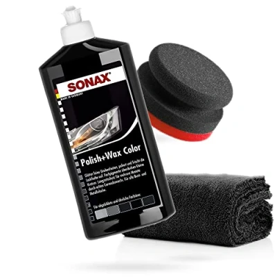 Afbeelding van detailmate SONAX handpolijstset polish+wax kleur zwart 500ml + handpolijstspons puck in composietopbouw hard 90/50mm Edgeless superfleece microvezel polijstdoek 550GSM