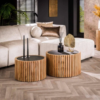 Afbeelding van Fraaai Kenton salontafel set van 2 rond leisteen Hout