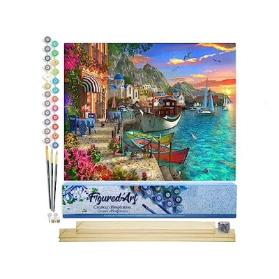 Afbeelding van Figured&#039;Art Schilderen op Nummer Volwassenen canvas Bloemrijke haven Handwerk acrylverf Kit DIY Compleet 40x50cm met houten lijst