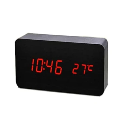 Afbeelding van ThreeH Desk Houten Wekker Digitaal Instelbare Helderheid Stembesturing 3 Alarmsets Grote Weergavetijd Temperatuur Datum USB of Batterijvoeding Voor Thuis Kinderen Slaapkamer Kantoor AC11 Black_Red