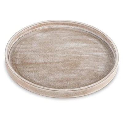 Afbeelding van Hanobe Decoratieve salontafel lade: wit gewassen houten dienblad ronde rustieke dienbladen cirkel boerderij middelpunt kaarsenhouder voor huisdecoratie Ottomaanse toonbank display woonkamer