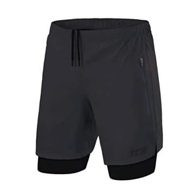Afbeelding van TCA Mannen Ultra 2 in 1 Hardloop Gym Shorts met Ritszakje Grijs (2x ritszakken), M