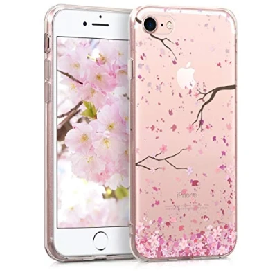 Afbeelding van kwmobile telefoonhoesje compatibel met Apple iPhone SE (2022) / (2020) 8 7 Hoesje voor smartphone in poederroze/donkerbruin/transparant Kersenbloesembladeren