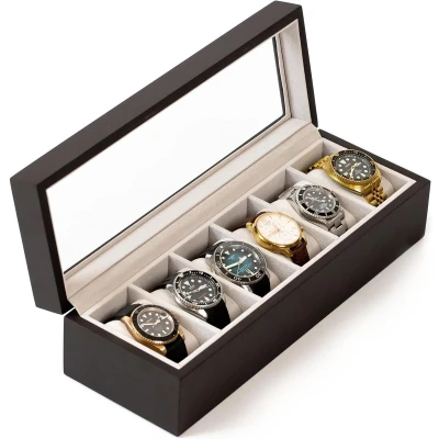 Afbeelding van Luxe houten horlogebox voor 6 horloges, met glazen venster.