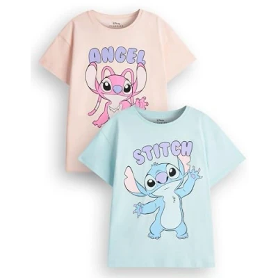 Afbeelding van Disney Lilo &amp; Stitch T shirt voor meisjes, Set van 2 twee lichtblauwe en roze grafische shirts met korte mouwen kinderen Angel Alien schattige kledingbundel