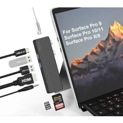 Afbeelding van Surface Pro 8/9/10/11/X Docking Station Hub 9 Adapter met 4K HDMI, Thunderbolt 4 (8K @30Hz Video+40G Data+100W PD), 2* USB 3.0, SD/TF kaartlezer, 3,5 mm Audio 11 Accessoires