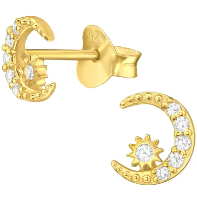 Afbeelding van JoyS Zilveren maan oorbellen 6 mm oorknoppen zirkonia 14k goudplating / goldplated