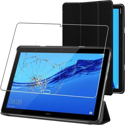 Afbeelding van ebestStar Hoes voor Huawei MediaPad M5 Lite 10.1, Slanke Design PU Lederen Etui, Automatische Slaap/Wake, SmartCase hoesje, Zwart + Gehard Glas