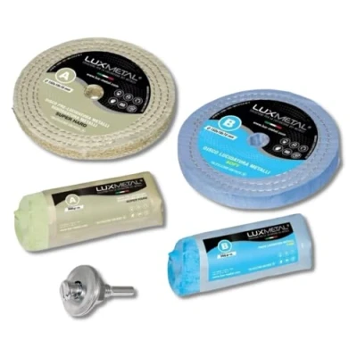 Afbeelding van Lux Metal Polijstset met 2 polijstpasta 350 g en polijstschijven van 150 mm katoen, boor, slijpschijven, voor het polijsten roestvrij staal, metaal, aluminium, chroom, messing, koper