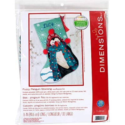 Afbeelding van Dimensions 71 09160 Fuzzy naaldpunt DIY kerstkous, 12 netlinnen, 40,6 cm lang, canvas, acryl, wol, pluizige pinguïn, lang