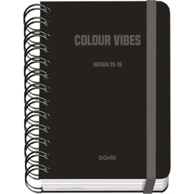 Afbeelding van Dohe Schoolagenda 2025 2026 Dag per Pagina, Formaat A6 (12x17 cm), Spaans en Engels, Dubbele Spiraalbinding Elastieksluiting, Harde Kaft, 4 Stickervellen COLOUR VIBES Zwart