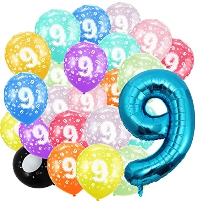 Afbeelding van Partyhausy Verjaardagsballon met cijfers van 9 jaar, folieballon en 20 stuks, 30 cm ballonnen, enorme in 101 cm, voor meisjes jongens, verjaardagsdecoratie, ballon cijfer decoratie