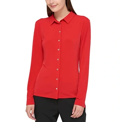 Afbeelding van Tommy Hilfiger Damestop met lange mouwen, kraag en knoopsluiting aan de voorkant, Scharlaken, L