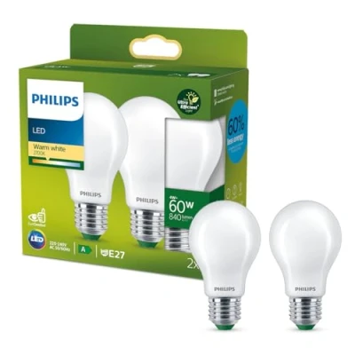 Afbeelding van Philips Ultra Efficient LED lamp Mat 60 W E27 Warmwit licht 2 pack