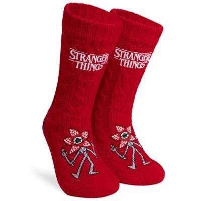 Afbeelding van Stranger Things Pluizige sokken voor dames en tieners, zachte, warme pantoffelsokken, antislip, eenheidsmaat cadeaus vrouwen, Rood, Eén maat