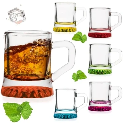 Afbeelding van PLATINUX Shotglazen met handvat, 2 cl, 6 delige borrelbeker, feestglazen van glas, borrelglaasjes, mini bierpul pinjes, liquorglazen