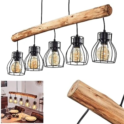 Afbeelding van hanglamp Gondo, van metaal/hout in zwart/bruin, 5 lampen, x E27, moderne hanglamp, zonder gloeilampen