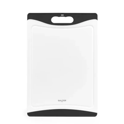 Afbeelding van Salter Plastic snijplank dubbelzijdig snijplank, antislip, gemakkelijk schoon te maken, vaatwasserbestendig, voedselbereiding, voorkomt kruisbesmetting, buitenste groef, vlees en groenten, zwart/wit