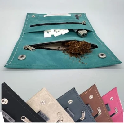 Afbeelding van Tabakstas used Leather touch tabakszak voor draaitabak met vakken filter vloeitjes aansteker (1.) turquoise single)