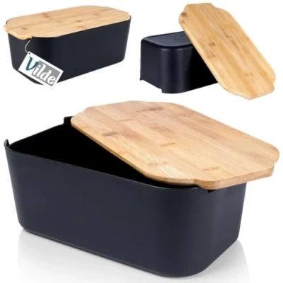 Afbeelding van Broodtrommel met Bamboe Plank Zwart 33x18,5x12 cm Doos Box