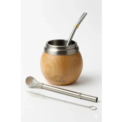 Afbeelding van BALIBETOV Yerba Mate Kit Inclusief een Cup en Bombilla Set RVS Dubbelwandige Thermische Kalebas (Mate stro) Gemakkelijk te reinigen onderhouden (hout)