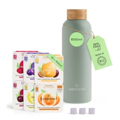 Afbeelding van waterdrop® Starterset Metalen Mat Olijf 1 Thermosfles 600 ml + 18 Microdrink bruistabletten