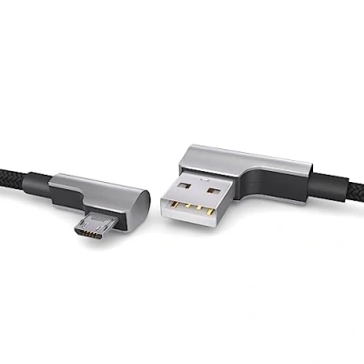 Afbeelding van 1m Nylon Micro USB Kabel zwart, 90 graden hoekplug, naar oplaadkabel, datakabel, 2.0