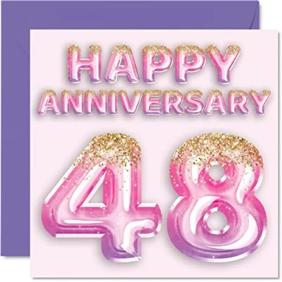 Afbeelding van Mooie 48e verjaardag kaart voor vrouw vriendin man vriend roze paarse glitter ballonnen gelukkig 48 jubileumkaarten van familie, 145mm x wenskaarten achtenveertigste jubilea