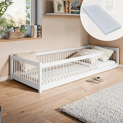 Afbeelding van kinderbed Vloerbed 90x200 cm Bed met matras, uitvalbescherming &amp; lattenbodem Montessoribed jeugdbed eenpersoonsbed complete set wit design massief grenenhout jongen meisje