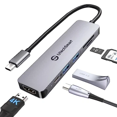 Afbeelding van UtechSmart USB C Hub HDMI adapter, 6 in 1 adapter met 4K @60Hz HDMI, 2* 3.0, PD 100W, SD/TF kaartlezer, dongle voor MacBook Pro/Air M1, Dell, HP, Lenovo, Steam Deck en apparaten