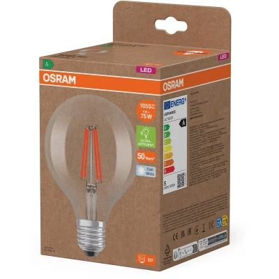 Afbeelding van Osram LED lamp in classic Edison shape, with decorative filament, energy efficiency class A, E27, 5 W, 1055 lm, 2700 K, warm white. 100% light straight away. Low flickering