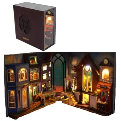 Afbeelding van TOPBSFARNY DIY Miniatuur Book Nook Kit Bookend Magic House Building Poppenhuis Booknook Kit, 3D Houten Puzzel Boekensteun Boekenplank Insert Decor met Licht voor Volwassenen