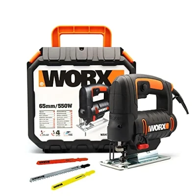 Afbeelding van WORX WX477.1 decoupeerzaag, 550 W, voor het zagen van hout, staal en aluminium, ideaal verstekzagen, met geïntegreerde stofafzuiging, gereedschapsloze zaagbladwissel koffer