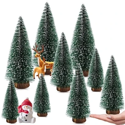 Afbeelding van mini kunstkerstboom, kleine kunstkerstboom met houten sokkel, kerstboom, voor tafeldecoratie, Kerstmis, 10/15/20 cm, 9 stuks
