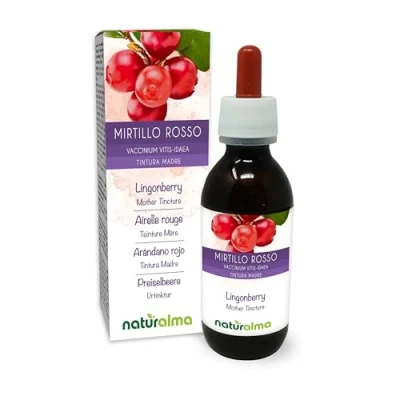 Afbeelding van Rode bosbes of Vossenbes (Vaccinium vitis idaea) bladeren Alcoholvrije moedertinctuur Naturalma Vloeibaar extract druppels 120 ml Voedingssupplement Veganistisch
