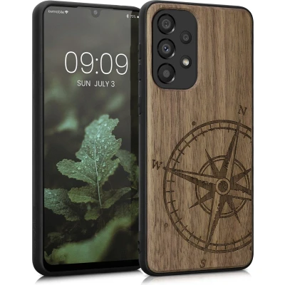 Afbeelding van kwmobile telefoonhoesje geschikt voorSamsung Galaxy A33 5G Hoesje met bumper walnoothout In donkerbruin Vintage Kompas design
