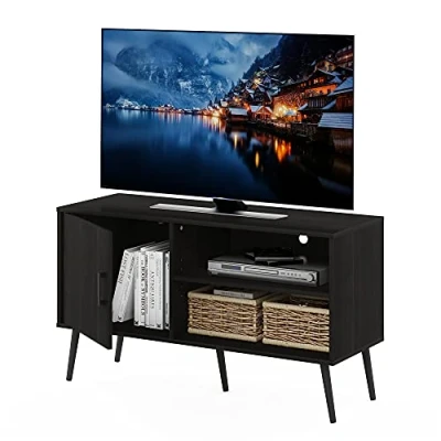 Afbeelding van Furinno Claude Mid Century Style tv standaard, meubel met houten poten, één kast twee planken, espresso