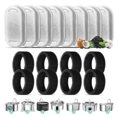 Afbeelding van Kattenfonteinfilter, 8 stuks vervangingsfilter voor 108oz/3,2L roestvrijstalen kattenfontein, koolstoffilter en schuimfilter Drievoudig filter 67oz/2L drinkfontein