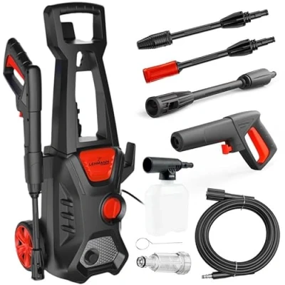 Afbeelding van Lehmann Jukon Hogedrukreiniger met aluminium zuigpomp, 480 l/h debiet, 1600 W, 5 m hogedrukslang, compacte oppervlaktereiniger reinigingsmiddelcontainer