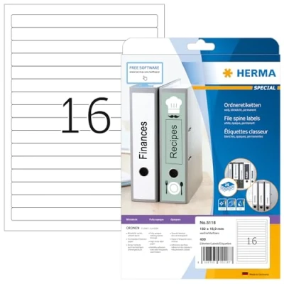Afbeelding van HERMA 5118 robuuste etiketten voor ringbanden A4 ondoor (192 x 16,9 mm, 25 velles, papier, mat) zelfklevend, bedrukbaar, permanente klevende kaartetiketten, 400 printer, wit